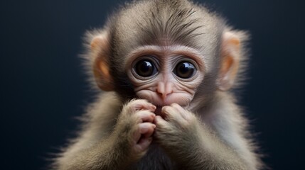 A baby monkey making a curious expression, its tiny fingers gripping tightly.