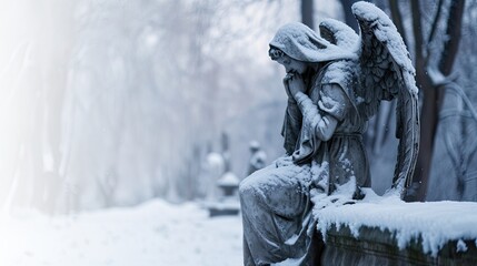 Statue of praying angel sitting dense snowy park landscape. Card, banner for loss, grieving, condolence, mourning. Winter scene for sad emotions - obrazy, fototapety, plakaty