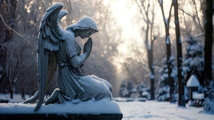 Statue of praying angel sitting dense snowy park landscape. Card, banner for loss, grieving, condolence, mourning. Winter scene for sad emotions