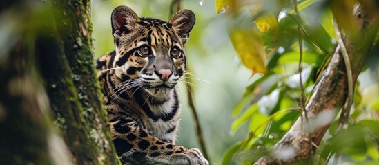 Mainland clouded leopard: a wild cat in dense forests from Himalayan foothills to mainland Southeast Asia. - obrazy, fototapety, plakaty