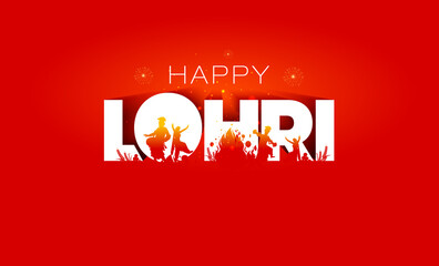 Happy Lohri. Indian punjabi sikh traditional festival design. Bhangra dance around bone fire with Happy Lohri 3d text.