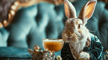 Photo of easter bunny in a velvet suit on a luxury couch with a cocktail, pastel colors.