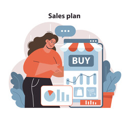 Sales Plan Strategy. A strategic approach to enhancing online shopping experience with a focus on sales conversion. Detailed charts measure progress and success. Flat vector illustration.