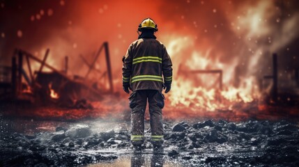 The reproachful firefighter stood solemnly at the scene of the fire, directing the rescue work, use filter photography, abstract expressionism, 32K, hyper quality - obrazy, fototapety, plakaty