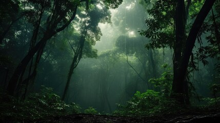 there are towering trees in the lush forest, towering into the clouds like green towers. The canopy layer of these large trees covers the entire sky, like a green canopy. 