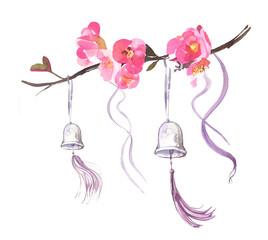 Beautiful sakura flowers branch with bells and decorations illustration.Hello spring concept. Asia culture concept. Eastern pink cherry blossom artwork.