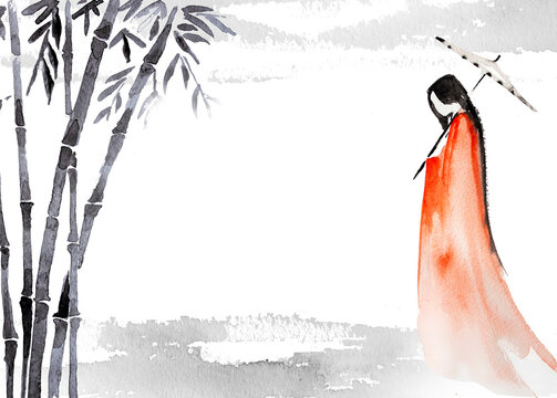 Watercolor asian girl and landscape with bamboo  trees illustration. East concept design.  Beautiful asian woman. Monochrome aest themed design.