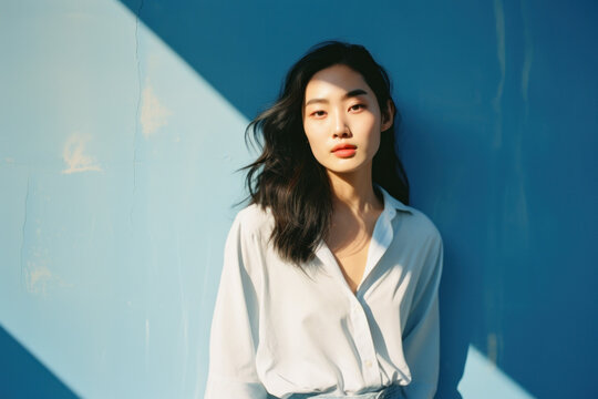 portrait shoot of a young asian/korean/japanese woman with long dark hair clean natural skin for commercial skincare beauty with natural light blue wall background portra magazine editorial film look