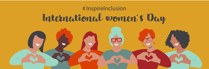 #InspireInclusion. International Women's Day banner. Inspire inclusion social campaign.Smiling women . Heart shaped hand gesture.Vector illustration