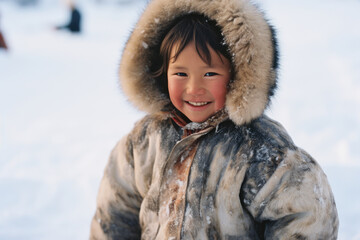 Smiling Inuit child in traditional attire in Alaskan landscape - obrazy, fototapety, plakaty