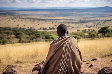 Masai man looking at african savanna landscape