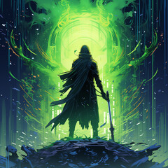 apocalyptic illustration, green energy swirl, caped hero holding his weapon of choice 