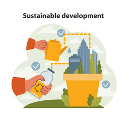 Sustainable development concept. Hands nurturing urban growth with watering can and recycled water, showcasing eco-conscious urban planning. Emphasis on conservation and urban ecology. Flat vector