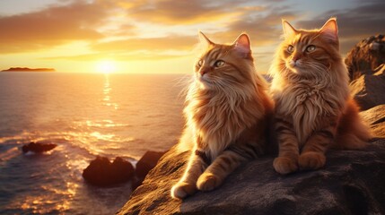 Two fluffy cats, their fur gently ruffled by the ocean breeze, perched on a rocky outcrop near the shoreline, as they strike a pose for a selfie - obrazy, fototapety, plakaty