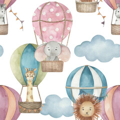 Watercolor baby seamless pattern with hot air balloon, lion, elephant, giraffe and clouds. Hand drawn cute  illustration on white background © natikka