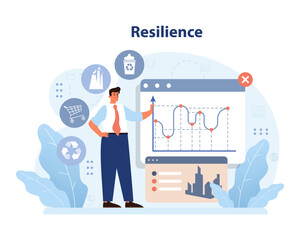Professional navigating city sustainability metrics. Resilience concept illustrating a man analyzing urban eco-friendly trends and data. Promoting greener urban lifestyles. Flat vector illustration