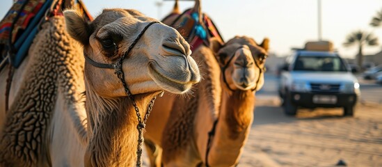 Two camels in Dubai near a car. - obrazy, fototapety, plakaty