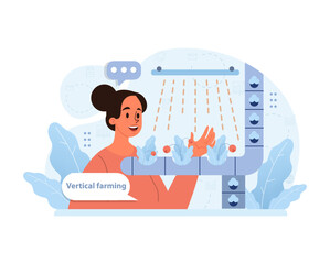 Enthusiastic woman showcases vertical farming unit, blending nature and urban living. Embracing sustainable growth and green innovation in city environment. Flat vector illustration