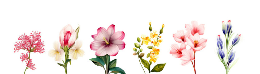 Fototapeta premium Watercolor spring flowers set. Hand drawn illustration on white background. Set of different beautiful flowers on white background. Banner design.