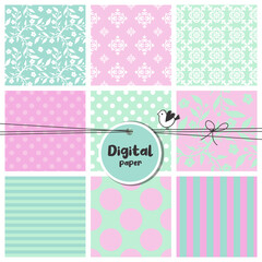 Digital papers, Set of seamless patterns, flowers, dots, stripes, square swatches