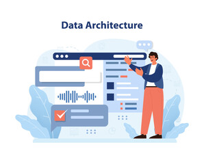 Fototapeta na wymiar Data Architecture concept. Expert showcases digital structure, emphasizing search, analysis, and verification. Streamlined data management, efficient database design, detailed system overview.
