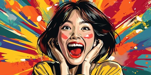 joyful asian woman in vibrant pop art setting, Generative AI