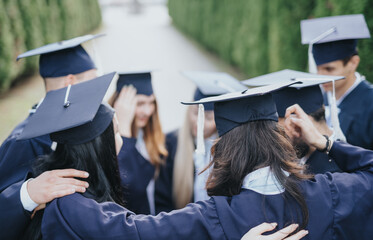 Hugged students in graduation gowns and caps standing in circle.