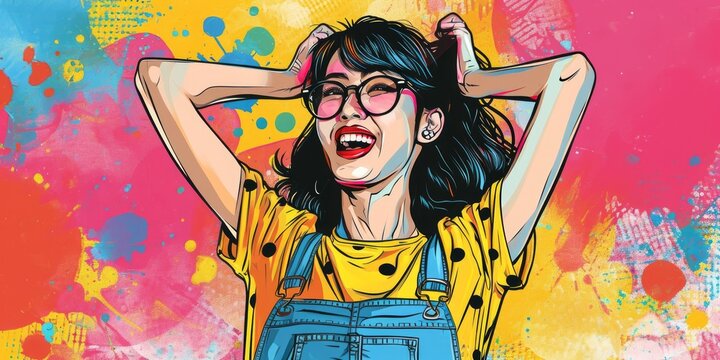 joyful asian woman in vibrant pop art setting, Generative AI