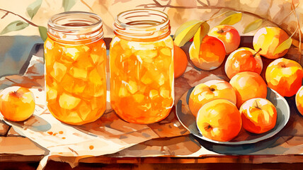 Two jars of peach preserves and a bowl of fresh peaches on a wooden surface. The jars are filled with peach preserves and appear to be freshly made, glistening in the sunlight.  - obrazy, fototapety, plakaty