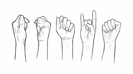 Hands gesture silhouettes. Vector Hand raised air fighting for human rights. Rebel, riot, freedom, protest, demonstration concept. Hand palms gestures hand drawn vector illustration set