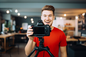 A cheerful young man with a bright smile, recording himself in a cozy indoor setting, using a professional camera on a tripod. Content creator recording a vlog