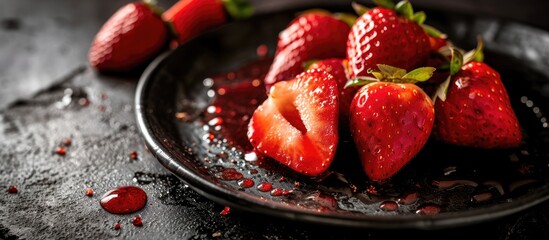 Fresh strawberries and strawberry syrup on a black plate, served with cheesecake.