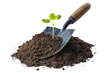 A pile of earth dirt with a small young sprout plant growing, a small garden shovel in soil, png isolated on white or transparent background