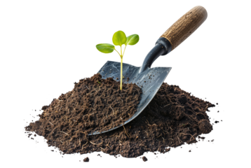 A pile of earth dirt with a small young sprout plant growing, a small garden shovel in soil, png isolated on white or transparent background