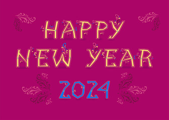Folk New Year 2024. Artistic font with folk-inspired decor. Vibrant red background. Bold yellow letters with geometric patterns, spell out the message of good cheer. The blue number 2024