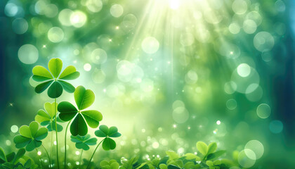 Green shamrock clover leaves natural spring background green St. Patrick's day with bokeh and sun rays