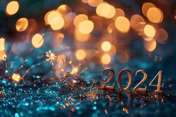 Fotobehang 2024 happy new year text on abstract glowing glittering colorful bokeh background © Gbor