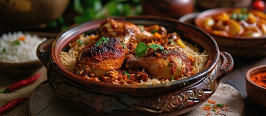 Arabian chicken and rice cooked in clay pot. - obrazy, fototapety, plakaty
