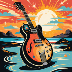 Rock and Roll. Grunge print with guitar. Vintage retro design symbol icon logo