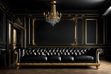 Classic black and gold interior with black leather sofa,chandelier,mouldings.3d rendering 