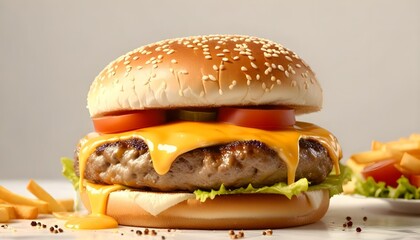 A mouthwatering close-up of a gourmet burger with dripping cheese on white background