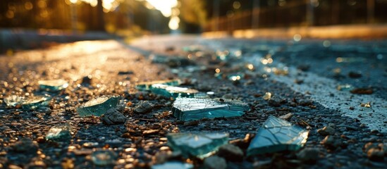 Used building materials and shattered glass on road. - obrazy, fototapety, plakaty