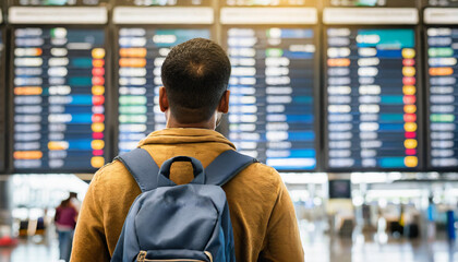 Man carrying backpack standing in front of airplane flight schedule board at the airport for...