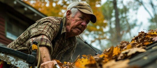 Elderly man using leaf blower to clear debris from roof