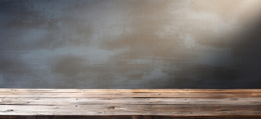 Empty wooden table top near stucco wall with with sunlight falling from the window and shadows. Table top with copy space for product advertising