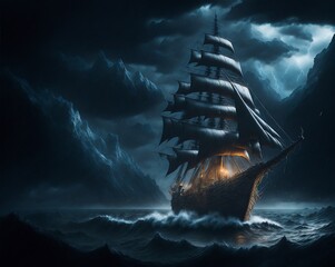 Behold the awe-inspiring drama frozen in a 1280 x 1024 4K wallpaper for Mac. A majestic pirate ship emerges defiantly from the tempest's heart, sails unfurling amidst thunderous turmoil. Witness this  - obrazy, fototapety, plakaty