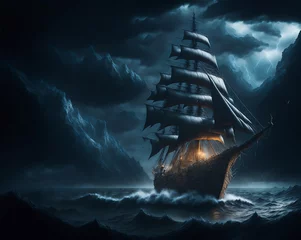 Foto op Canvas Behold the awe-inspiring drama frozen in a 1280 x 1024 4K wallpaper for Mac. A majestic pirate ship emerges defiantly from the tempest's heart, sails unfurling amidst thunderous turmoil. Witness this  © Vinada