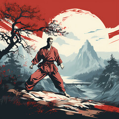 Fototapeta premium Art of karate painting . Illustration Graphic Pop Art Poster and Cover of Sticker and Cartoon man