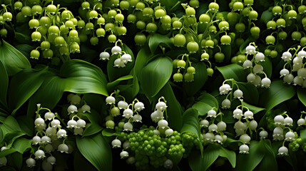 White lily of the valley Flowers and Green Leaves. background or wallpaper.