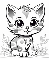 cute kitty, black and white coloring page for kids, realistic style, line art, detailed, black lines only